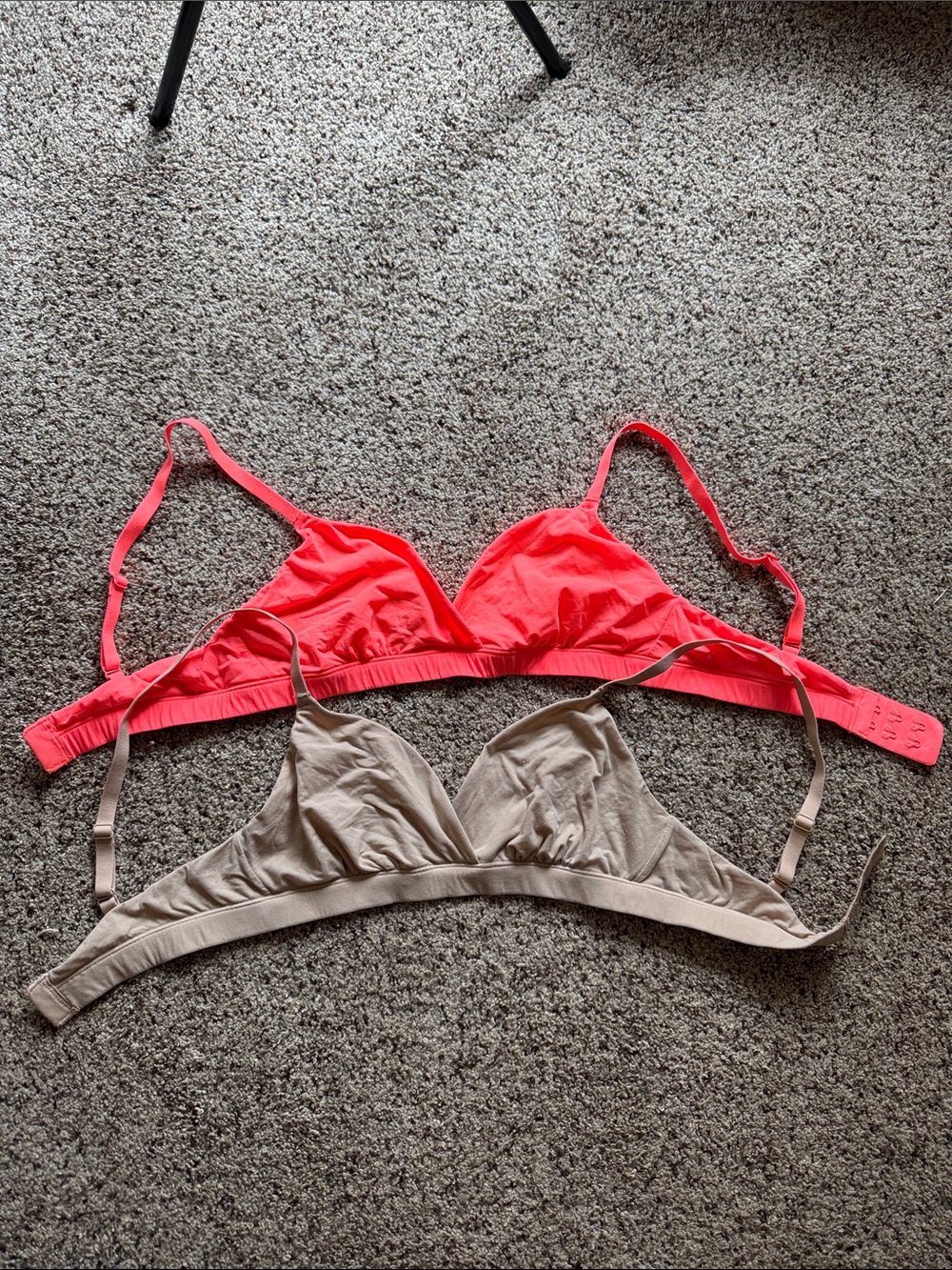 SKIMS Soft Triangle Bralettes in Neon Coral & Taupe